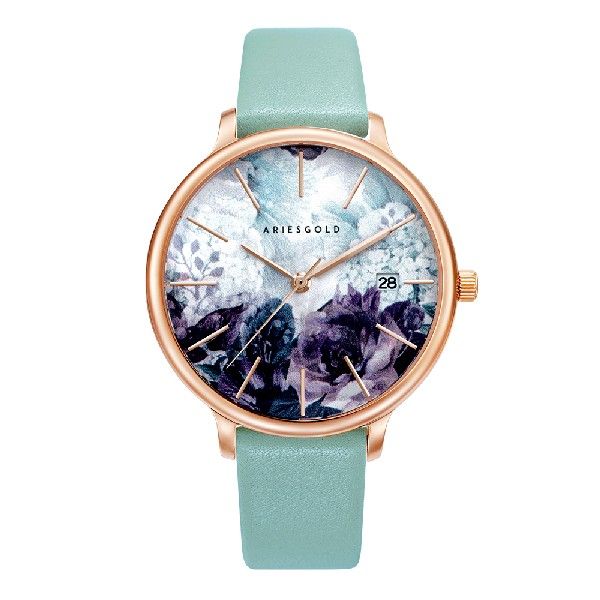 ARIES GOLD ENCHANT FLEUR ROSE GOLD STAINLESS STEEL L 5035A RG-GNFL TURQUOISE LEATHER STRAP WOMEN'S WATCH